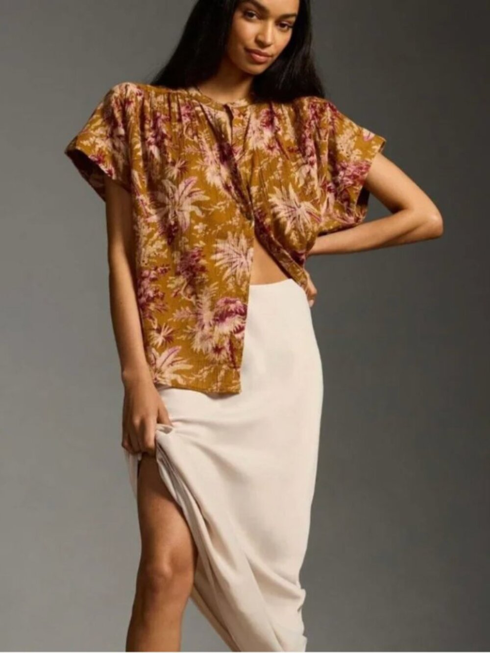 Pilcro | Anthropologie Short-Sleeve Batwing Buttoned Blouse | Size L/XL
